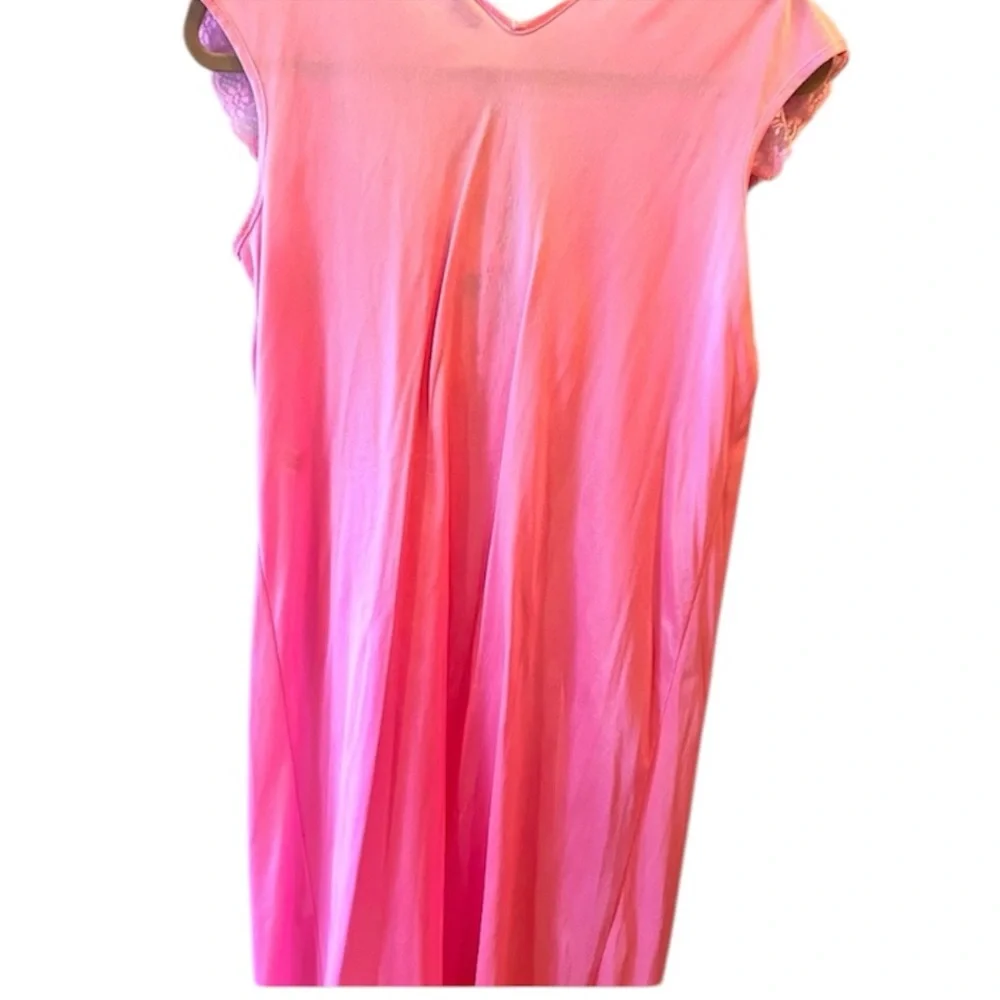 Beautiful Vintage Vivid Coral Nylon and Lace Nightgown by Bernette.  Size = M